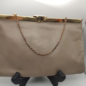 Elegant Gold and Tan Clutch with Structured Frame